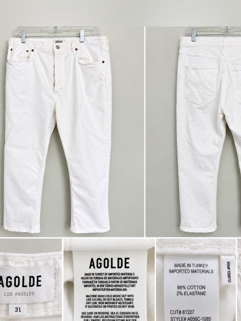 AGOLDE Riley Crop High Rise Straight Jeans White Size 31 Stretch